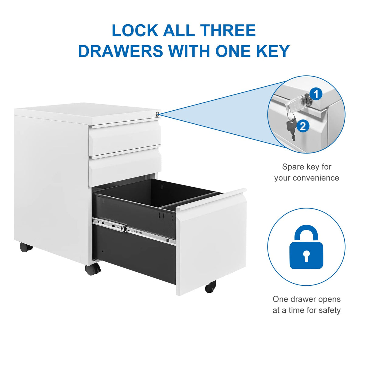 VERYKE 3 Drawer File Cabinet with Lock and Wheels Mobile Under Desk Filing Cabinet Vertical Filing Cabinet Metal Organizer File Cabinet for Hanging VERYKE