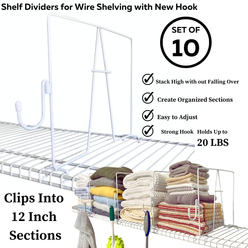 Evelots Wire Shelf Dividers 10 Pack with New Patent Pending Hooks for Extra Closet Storage & Organization for Home or Office -Tall Shelf Evelots