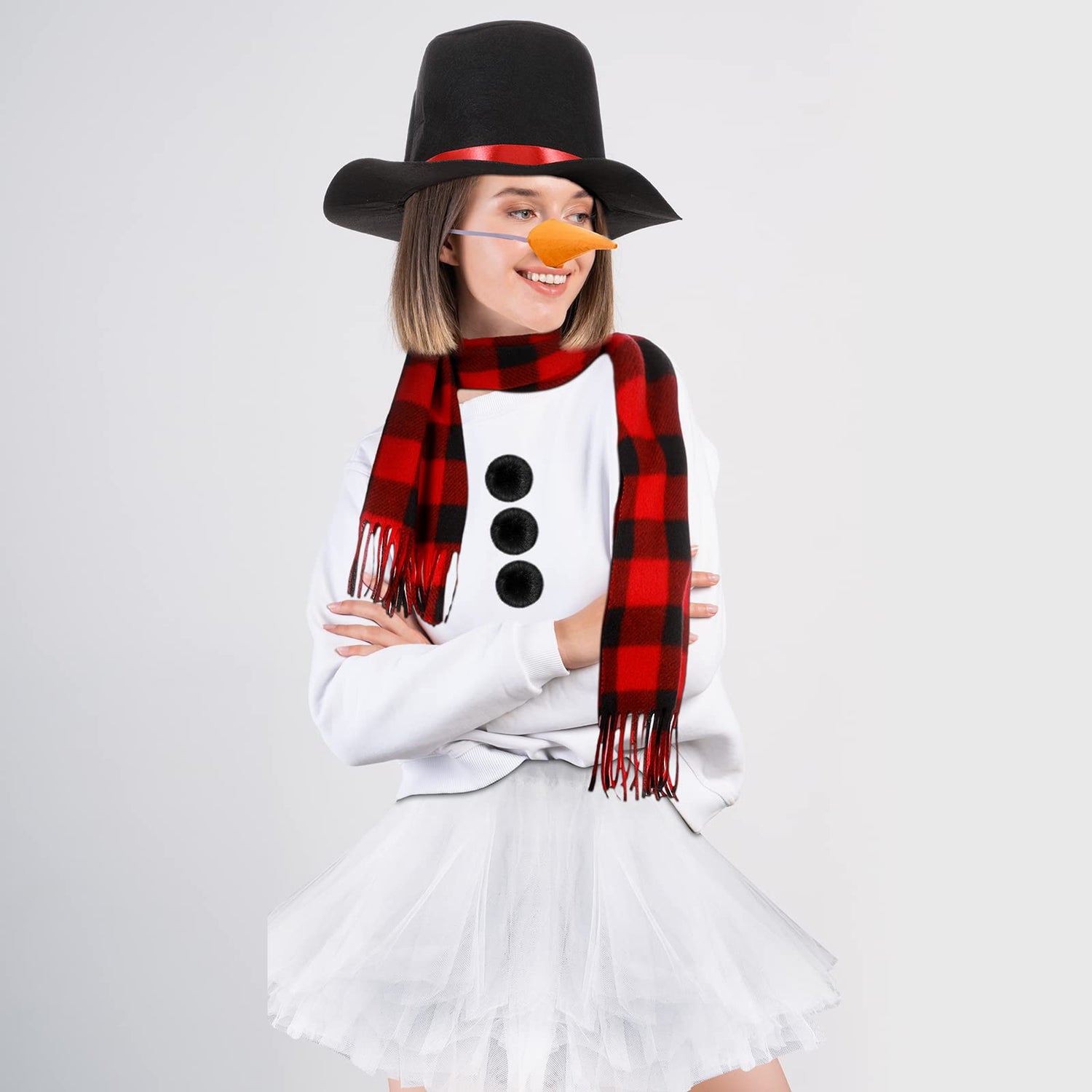 Haysandy 7 Pcs Adult Kid Snowman Christmas Costume Kit, Snowman Hat Carrot Nose Scarf White 5 Layers Tutu Skirt 3 Balls(Plaid, Adult Size) Haysandy