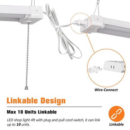 OOOLED 4FT Linkable 42W 4800LM 5000K LED Ceiling Lights for Garages, Pull Chain ON/Off, Linear Work Light Fixture with Plug, 2 Pack