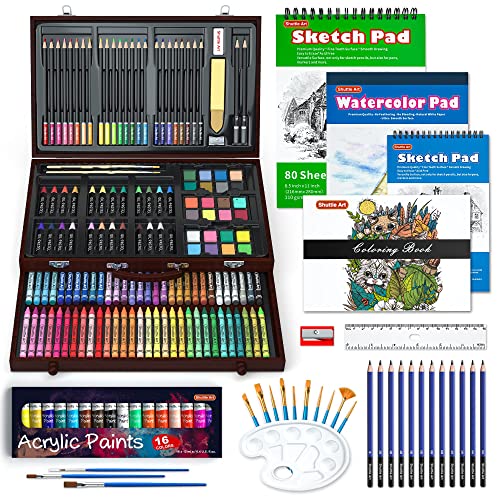 Shuttle Art 186 Piece Deluxe Art Set, Art Supplies in Wooden Case, Painting Drawing Art Kit with Acrylic Paint Pencils Oil Pastels Watercolor Cakes Shuttle Art