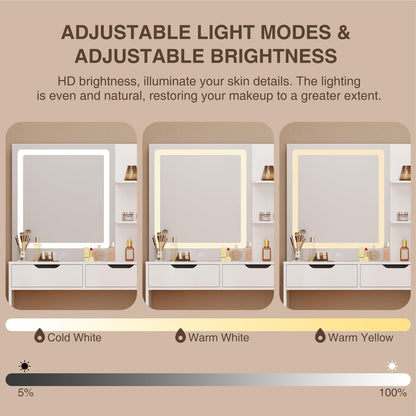 Aiho Makeup Vanity Desk with Mirror and Lights, 43.5" Vanity Table with 5 Drawers & Storage Shelves, 3 LED Light Modes & Adjustable Brightness,