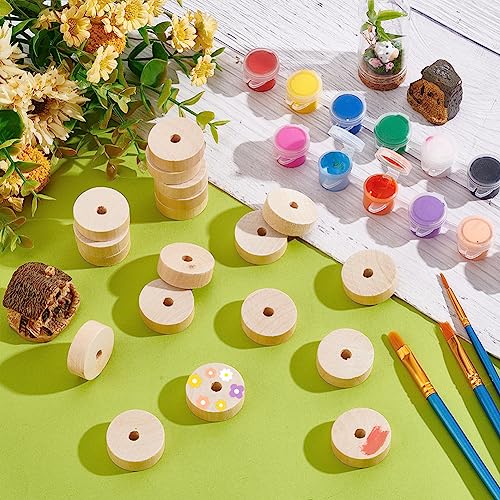 OLYCRAFT 60pcs Unfinished Wood Wheels 1.2 Inch Diameter Blank Wood Slices 6.5~7mm Hole Round Wheel Wooden Pieces Unfinished Blank Slices Natural Wood