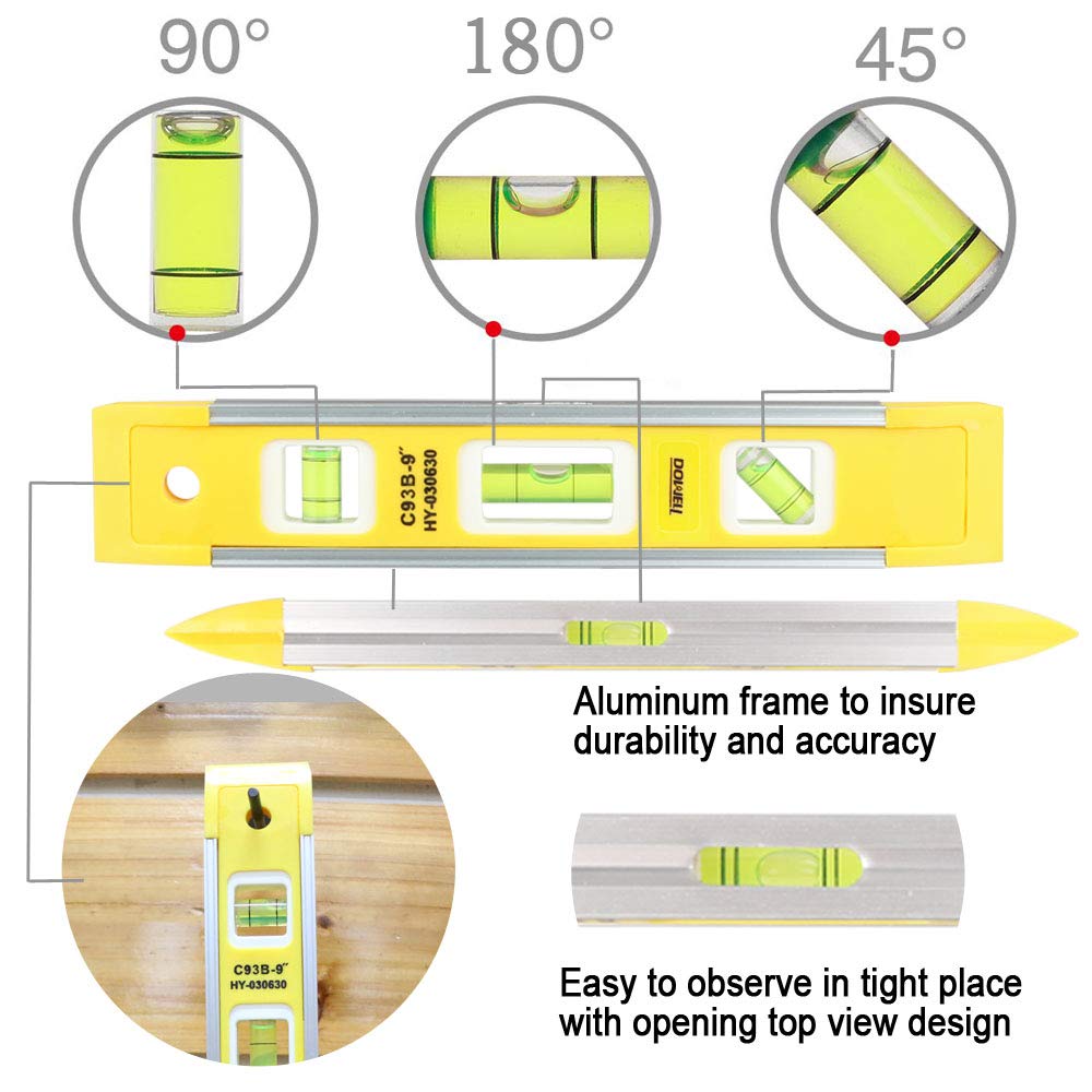 DOWELL 9 Inch Magnetic Box Level Torpedo Level,3 Different Bubbles/45°/90°/180°Measuring Shock Resistant Torpedo Level - WoodArtSupply