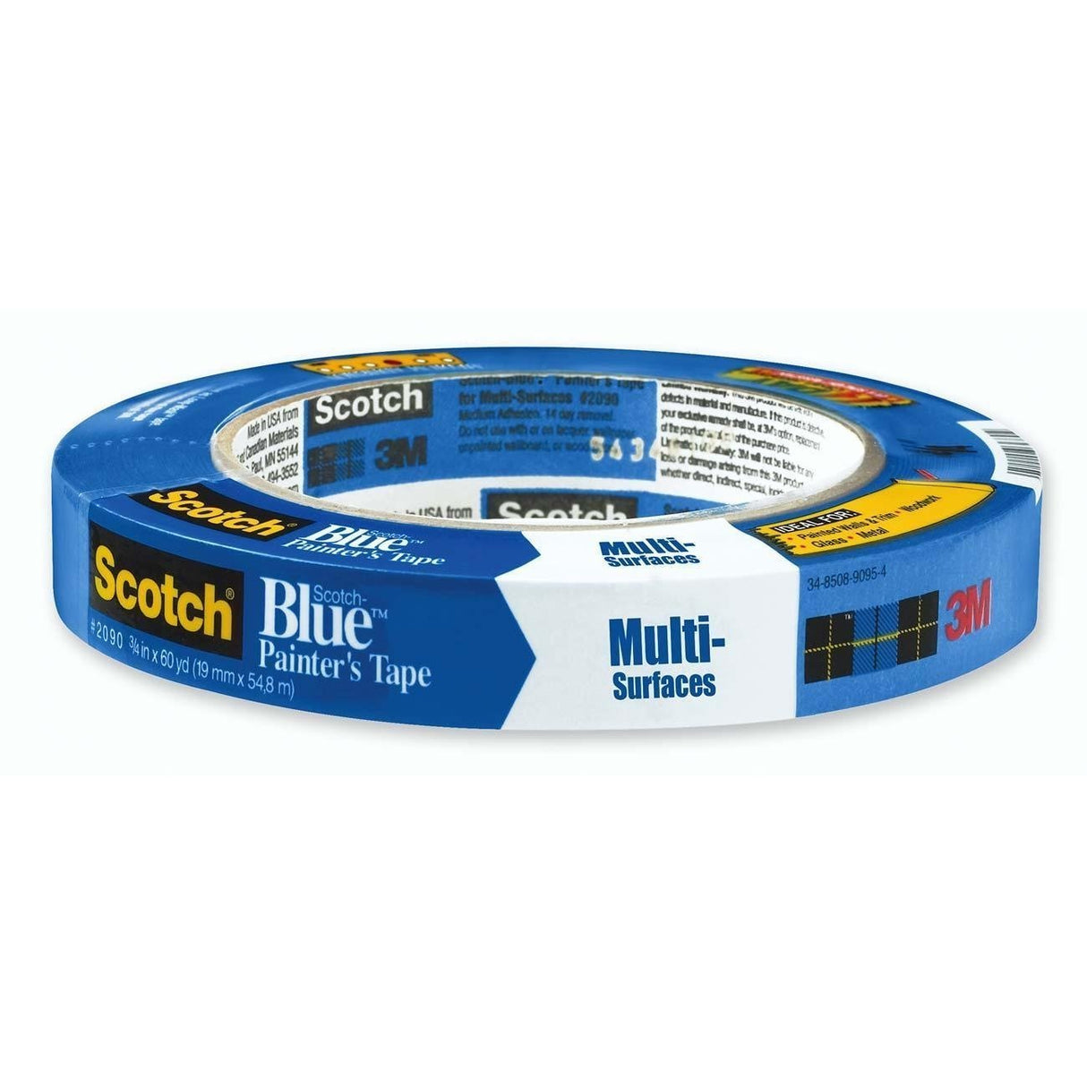 3M Scotch-Blue 2090 Safe-Release Crepe Paper Multi-Surfaces Painters Masking Tape, 27 lbs/in Tensile Strength, 60 yds Length x 3/4" Width, Blue (Pack 3M