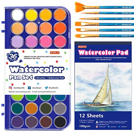 Shuttle Art 43 Pack Watercolor Paint Set, 36 Colors Watercolor Paint Pan Set with 6 Brushes and 1 Watercolor Pad for Beginners, Artists, Kids & Shuttle Art