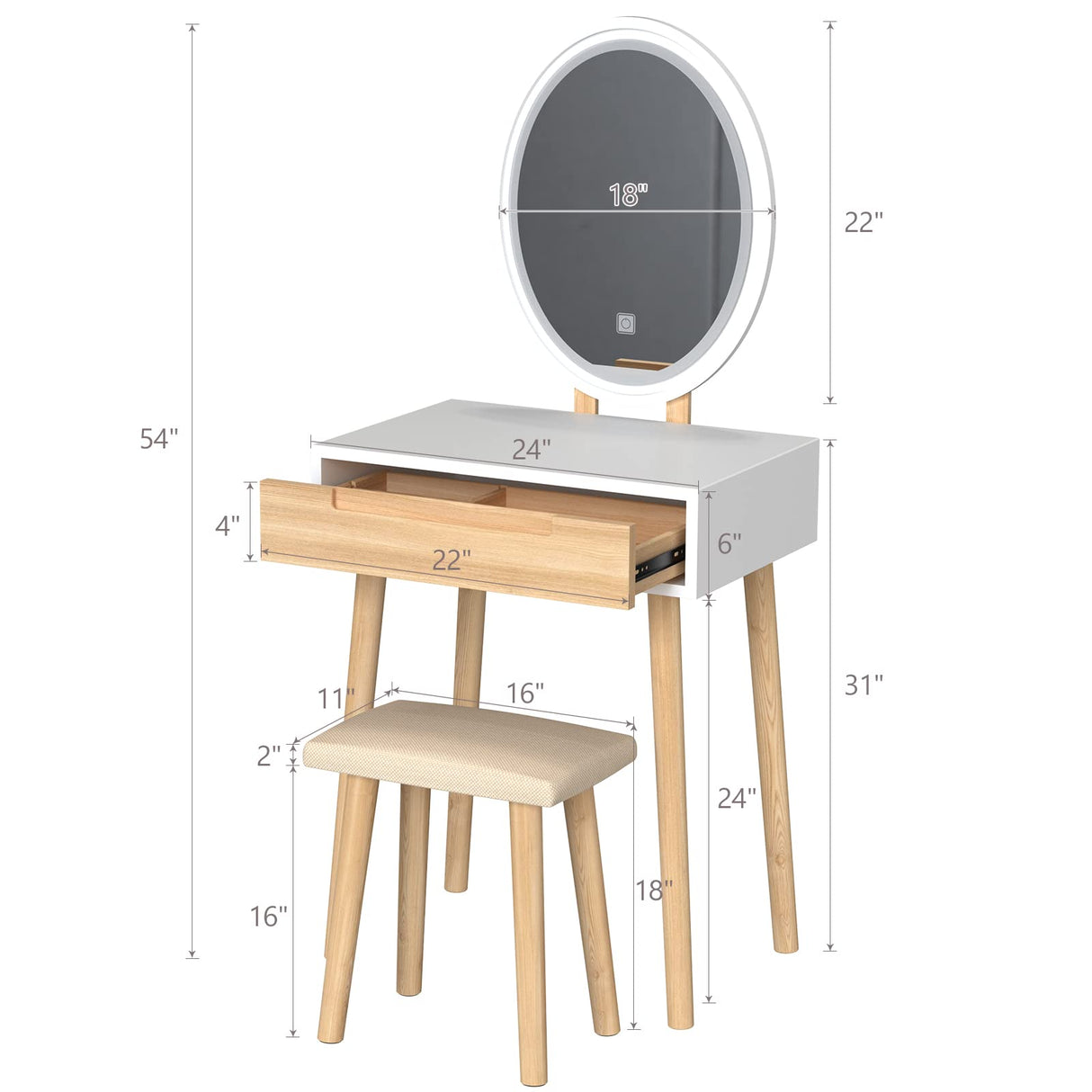 ARTETHYS Small Makeup Vanity Desk with 3 Adjustable Lighted Mirror and Chair, 24 Inch Makeup Vanity Table with Big Drawer Wooden Frame for Small ARTETHYS