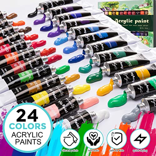 Art Paint Set with Wooden Easel Box, 24 Colors Acrylic Paints, 8 Paint Brushes, 6 Canvas Panel etc. Creative Paining Supplies kit for Kids, Student, - WoodArtSupply