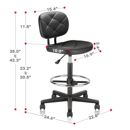 KLASIKA PU Leather Rolling Stool with Foot Rest and Back Support, Adjustable Diamond Upholstered Drafting Chair with Wheels, Multi-Purpose Desk Chair - WoodArtSupply