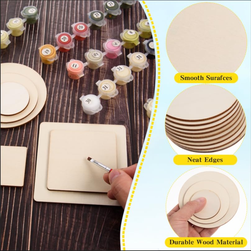 150 Pcs Unfinished Wooden Squares Wooden Circles Set Blank Wood Square Cutouts Slices Round Wood Discs Cutouts Natural Wood Cutouts Tiles Set for DIY