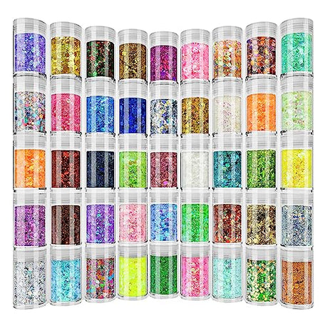 Holographic Chunky and Fine Glitter Mix, 45 Colors Craft Glitter for Epoxy Resin Arts, Iridescent Nail Glitter, Cosmetic Eye Hair Face Body Glitter, Linwulte