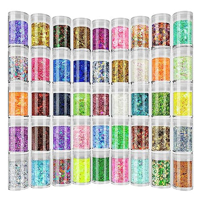 Holographic Chunky and Fine Glitter Mix, 45 Colors Craft Glitter for Epoxy Resin Arts, Iridescent Nail Glitter, Cosmetic Eye Hair Face Body Glitter,