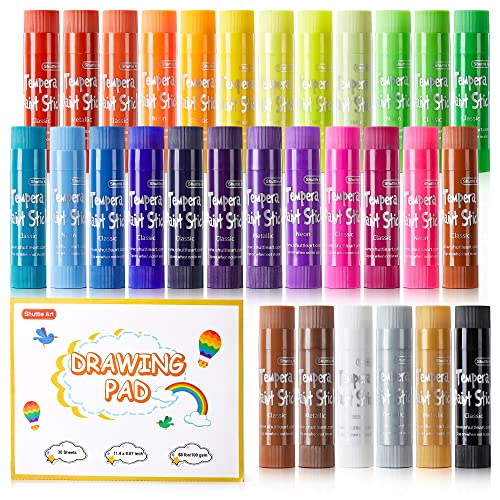 Shuttle Art Tempera Paint Sticks, 31 Pack Solid Tempera Paint Set, 30 Colors with 1 Drawing Pad for Kids, Washable, Super Quick Drying, Works Great Shuttle Art