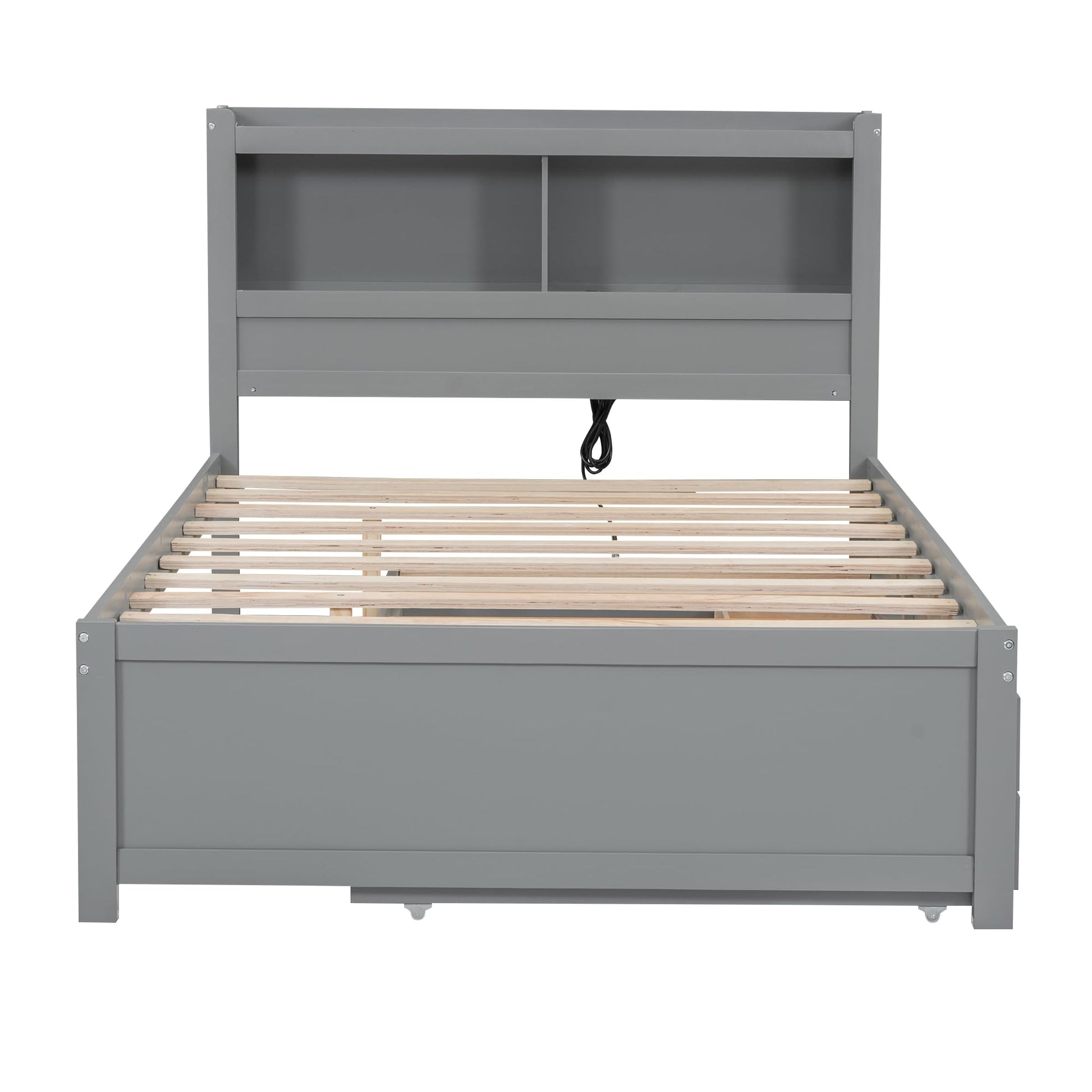 Harper & Bright Designs Grey Full Size Bed with Trundle, Bookcase Headboard, and USB Charging Station - WoodArtSupply