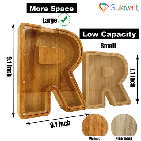 Custom Wooden Piggy Bank, (Laser Engraved Name) Large Wood Bank, 4-in-1 Creative Alphabet Storage Tank Personalized Letters Coin Bank Customized Wood Sulevalt
