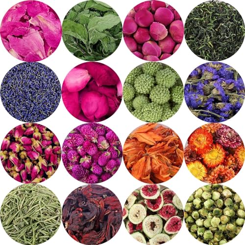 16 Bags Dried Flowers Herbs Kit for-Candle Soap Making,Perfect for Tea, Baking,Sachets & Fresh Fragrance,Lemon,Lavender,Pink RoseJasmine,Rose Oameusa