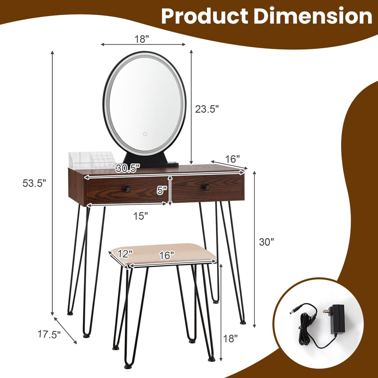 Byroce Vanity Table Set, Makeup Table with 3-Color Touch Screen Dimming Mirror, Storage Organizer, Vintage Dressing Table with Cushioned Stool for
