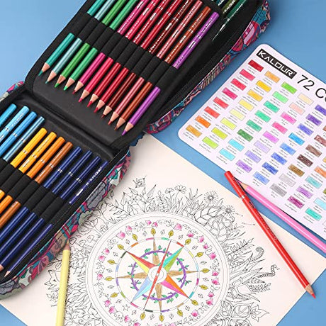 KALOUR Premium Colored Pencils for Adult Coloring Book,Set of 72 Colors,Zipper Slot Pencil Case,with Sharpener,Soft Core,7 Metallic Color,Ideal for KALOUR