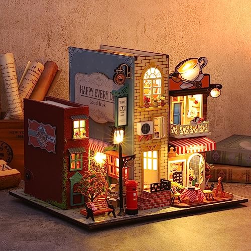 DIY Miniature Dollhouse Kit, Book Nook Kit Tiny House Model with LED Music Box, 3D Wooden Puzzle for Adults, Self-Assembly Bookend Building Set Hallisun