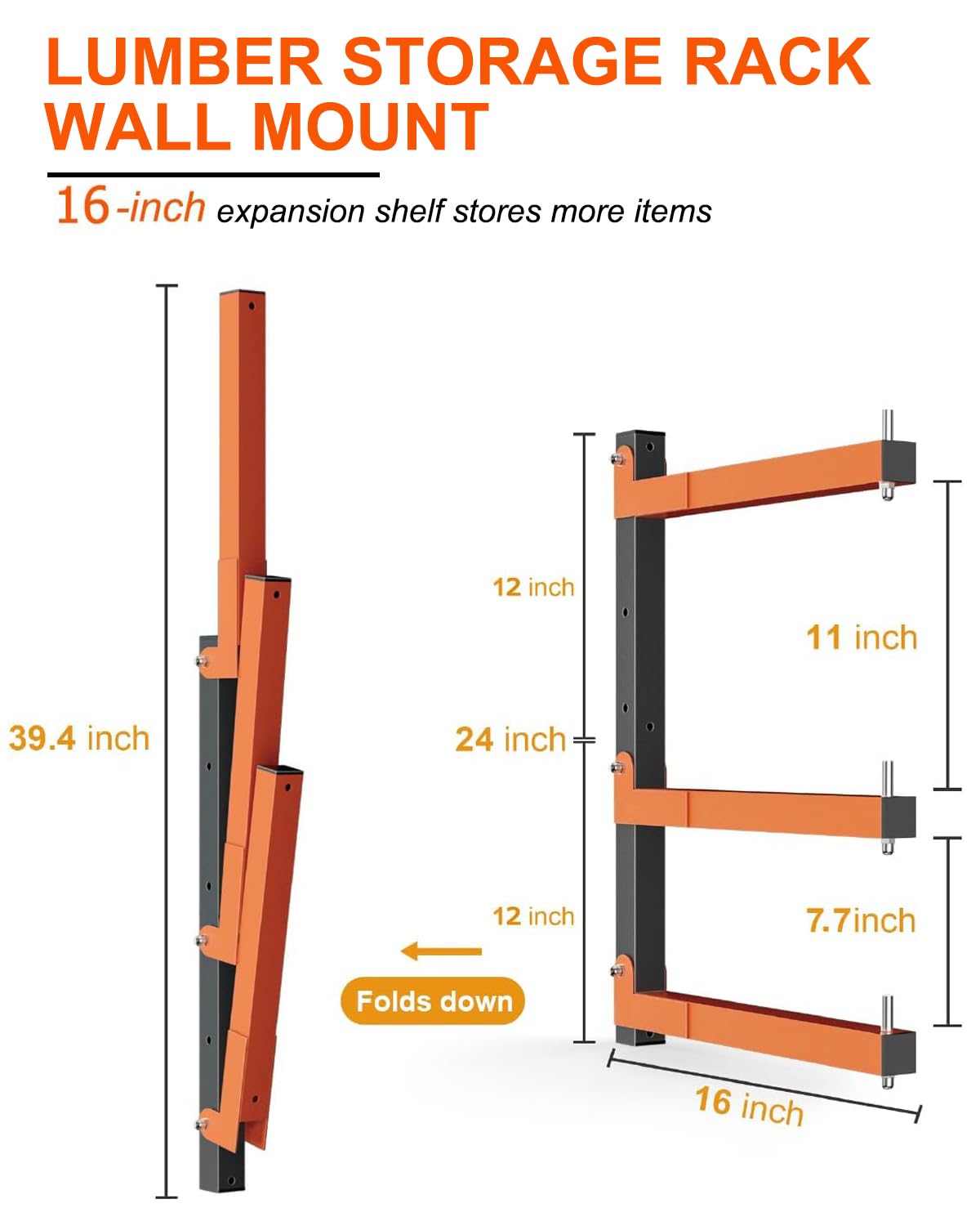 Acools Lumber Storage Rack, Lumber Rack Wall Mount, Heavy Duty Wood Storage Racks with 9-Level System, 1080 lb Durable Garage Wood Organizer, Orange