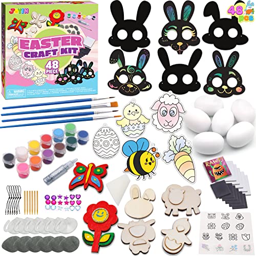 JOYIN 48 PCS Easter Craft Kit Easter Assorted DIY Painting Kit Includes Rocks, Scratch Art Masks, Wooden Eggs and Magnets for Kids Creativity Easter - WoodArtSupply