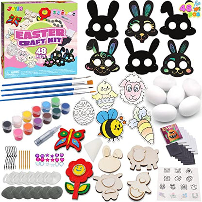 JOYIN 48 PCS Easter Craft Kit Easter Assorted DIY Painting Kit Includes Rocks, Scratch Art Masks, Wooden Eggs and Magnets for Kids Creativity Easter - WoodArtSupply