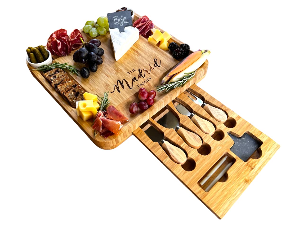 Personalized Bamboo Charcuterie Board Set/10pcs Cheese Board And Knife Set, Realtor Closing gift, Custom Charcuterie board, Wedding Gift - WoodArtSupply