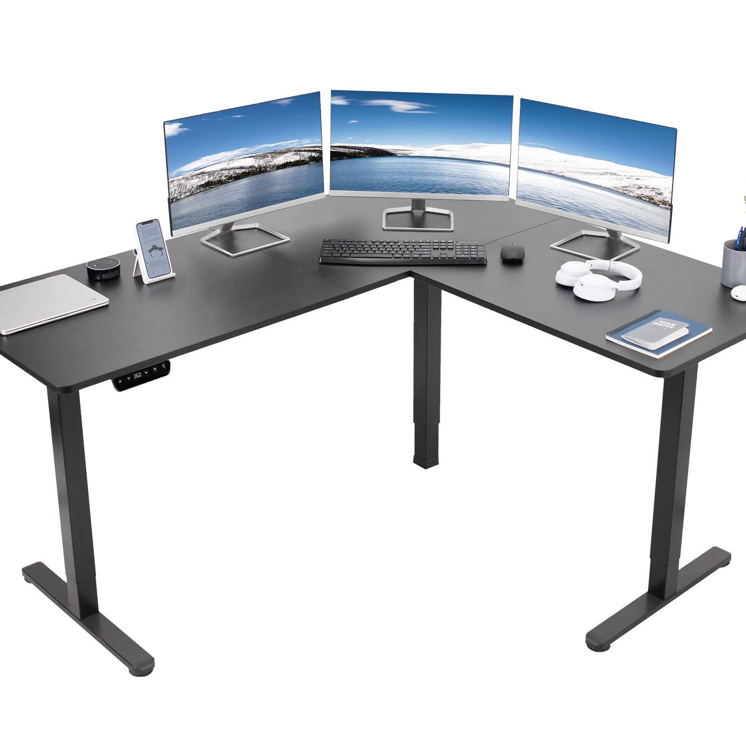 VIVO Electric Height Adjustable 63 x 55 inch Corner Stand Up Desk, Black Table Top, Black Frame, L-Shaped Standing Workstation, 3CT Series, VIVO