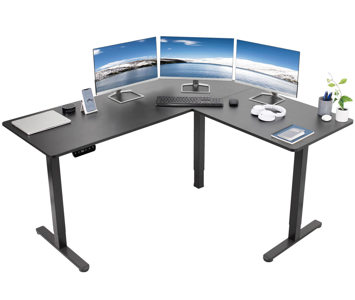 VIVO Electric Height Adjustable 63 x 55 inch Corner Stand Up Desk, Black Table Top, Black Frame, L-Shaped Standing Workstation, 3CT Series, VIVO