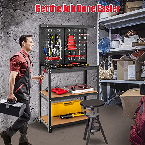 Goplus Work Bench, Work Table with Pegboard, 14 Hanging Accessories, 2 Open Shelves, Heavy Duty Steel Tool Bench, Workbench for Garage Home Workshop