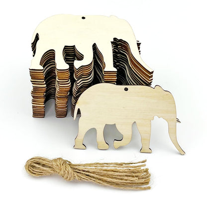 30PCS Unfinished Elephant Wood Cut Out Elephant Wood DIY Crafts Cutouts Blank Wooden Elephant Shaped Hanging Ornaments with Hole Hemp Ropes Gift Tags