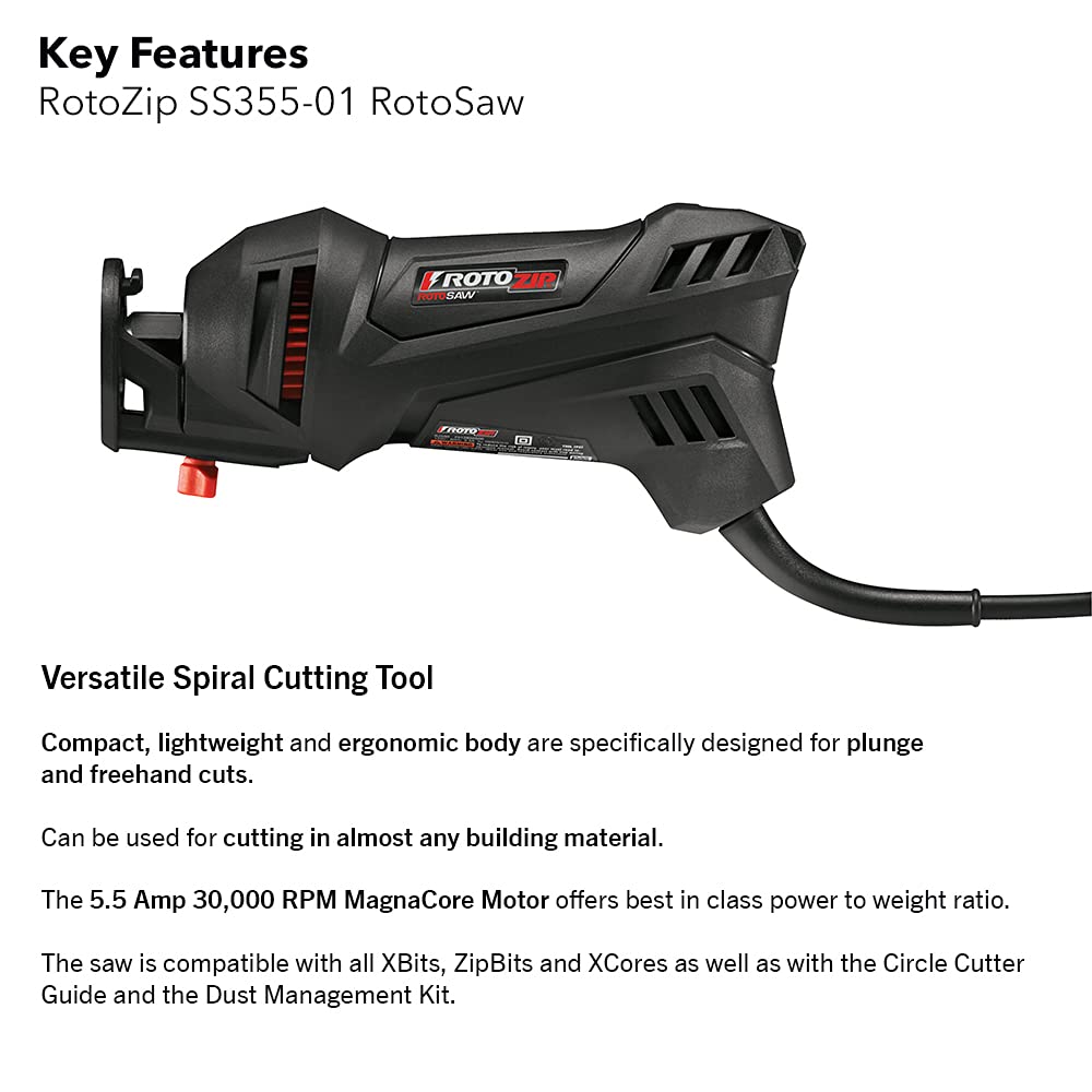 Rotozip SS355-10 5.5 Amp High Performance Spiral Saw Tool Kit with (3) Collects and (2) Bits, Compact & Lightweight - Ideal for Plunge Cuts, Freehand RotoZip