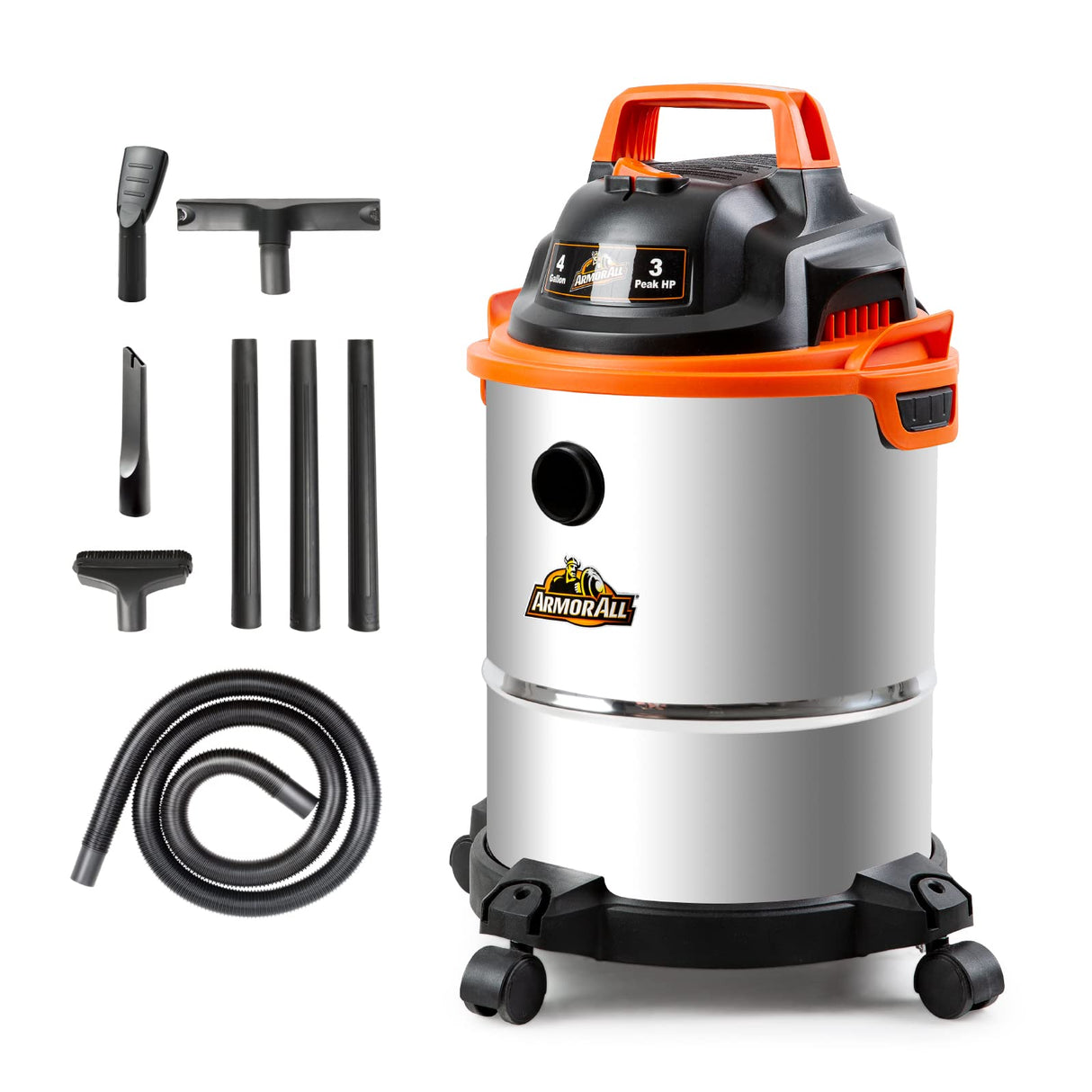 Armor All VO408S 0901 4 Gallon Wet/Dry Vac 3.0 Peak HP Shop Vacuum with 3 Nozzles and 1 Brush, Stainless Steel Tank, Orange Armor All