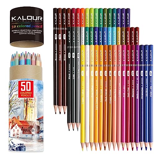 KALOUR Premium Colored Pencils,Set of 50 Colors,Artists Soft Core with Vibrant Color,Ideal for Layering Blending Shading,Color Pencils for Adults