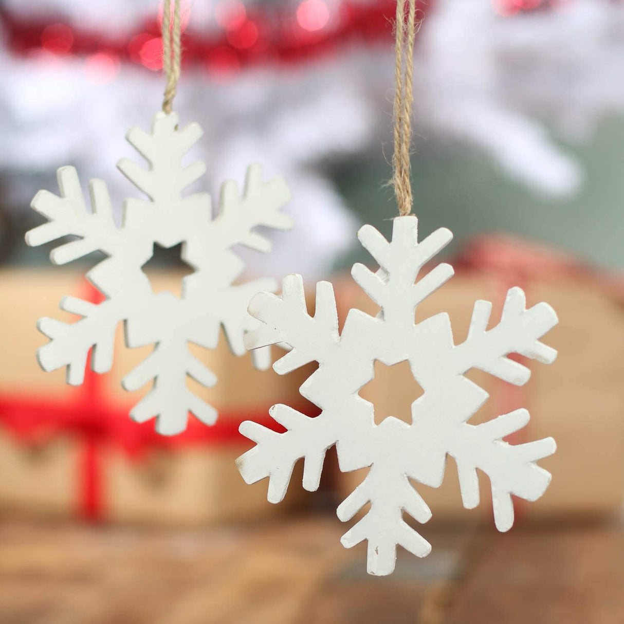 Rustic Wooden Snowflake Christmas Ornaments - 12 Old Fashion White Wood Snowflake Ornaments with Jute String Hangers for Christmas Tree Garland or Factory Direct Craft