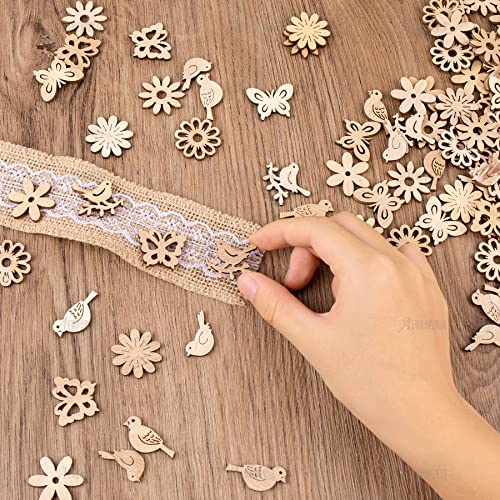 AUEAR, 300 Pack Wooden Embellishments Butterfly Flower Bird Slices Discs Unfinished Wooden Cutouts Wood Ornaments for Crafts DIY Handmade Decoration AUEAR