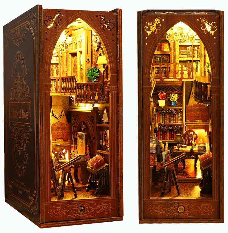 DIY Book Nook Kit, Bookshelf Insert Decor Alley 3D Wooden Puzzles with LED Lights & Motion Sensor, Miniature Dollhouse Kits Bookends Craft Kits for OMEPEA