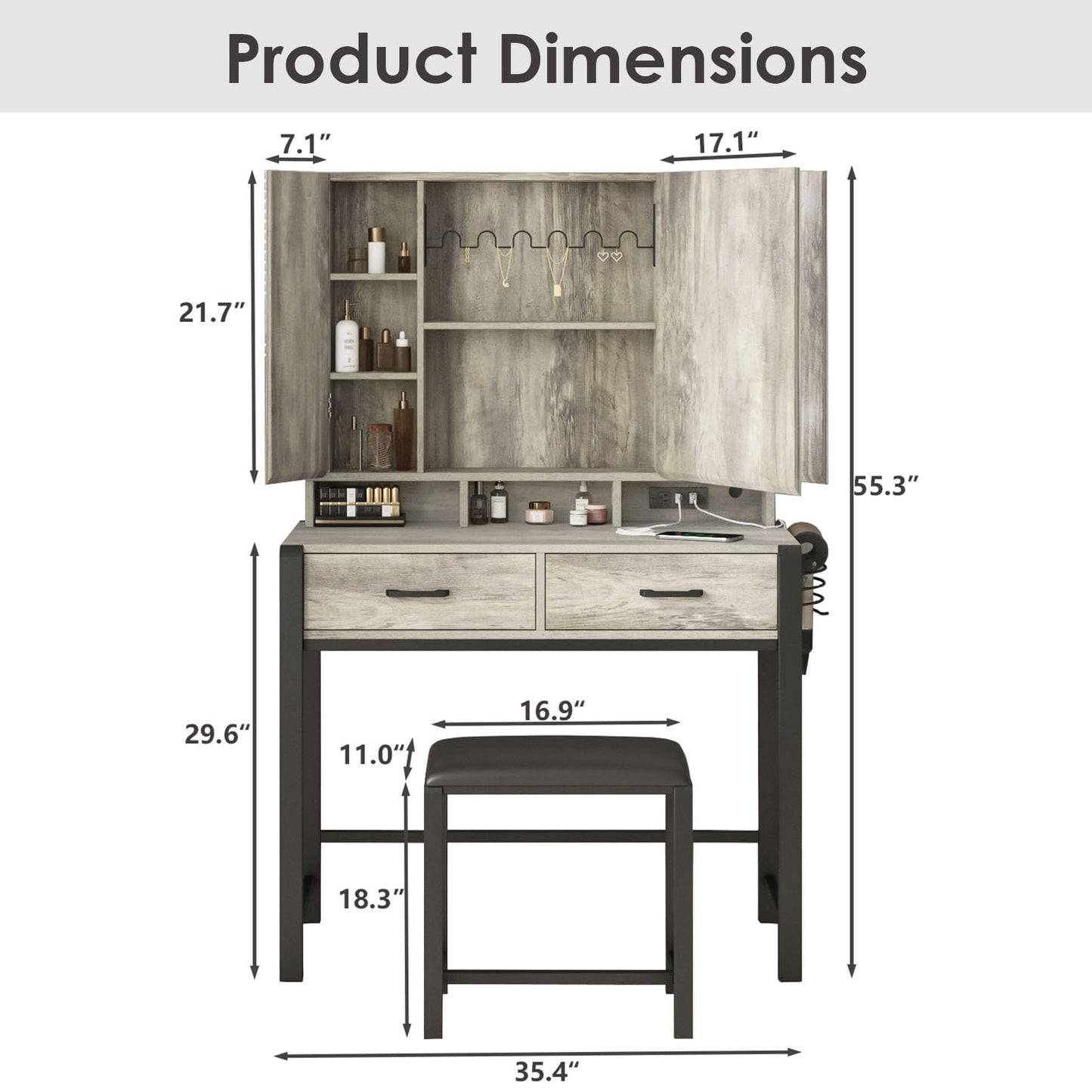 Fameill Vanity Desk with Lighted Mirror and Power Strip,Tri-Fold Mirror Makeup Vanity Table with Lights,2 Drawers Vanity Set with Hidden Storage