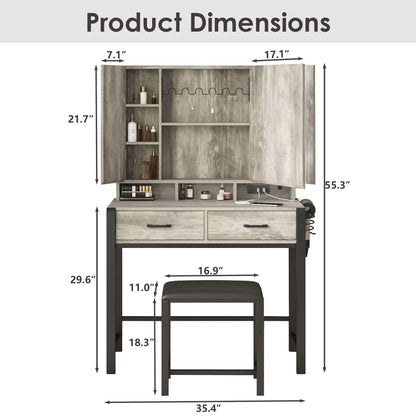 Fameill Vanity Desk with Lighted Mirror and Power Strip,Tri-Fold Mirror Makeup Vanity Table with Lights,2 Drawers Vanity Set with Hidden Storage - WoodArtSupply