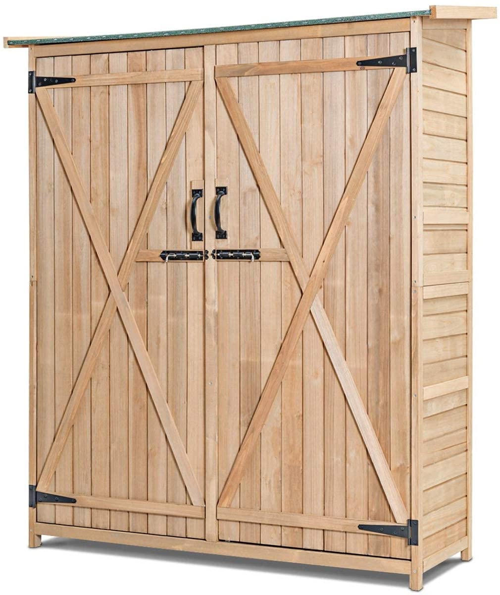 GRAFFY Outdoor Storage Shed, Wooden Garden Tools Cabinet with 2 Lockable Doors and Handles, Organizer Cabinet with Tilted Asphalt Roof, for Outside