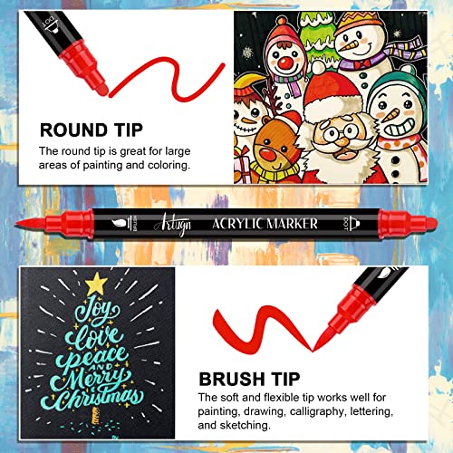 24 Colors Acrylic Paint Pens, Dual Tip Pens With Medium Tip and Brush Tip for Rock Painting, Ceramic, Wood, Plastic, Calligraphy, Scrapbooking, Brush Artugn