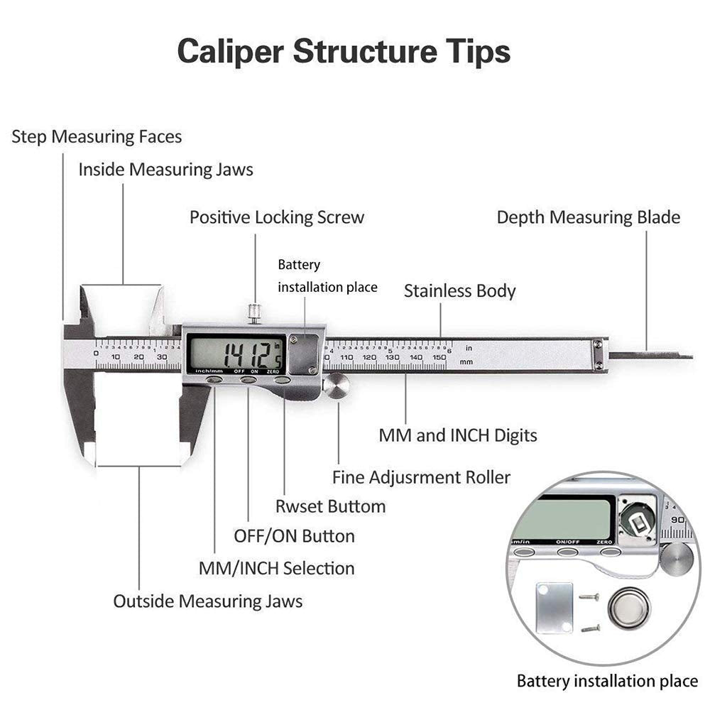 Digital Caliper, Caliper Measuring Tool with Stainless Steel, Electronic Micrometer Caliper with Large LCD Screen, Auto-Off Feature, Inch and - WoodArtSupply