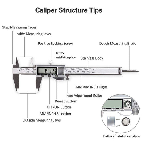 Digital Caliper, Caliper Measuring Tool with Stainless Steel, Electronic Micrometer Caliper with Large LCD Screen, Auto-Off Feature, Inch and LOUISWARE