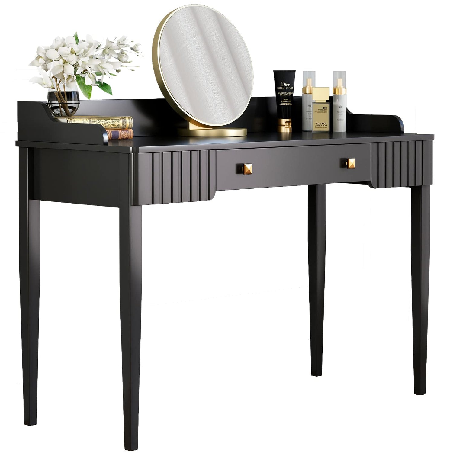 ukorua Black Vanity Desk Wooden Desk with Drawer Modern Desk Computer Desk White Makeup Table with Gold Handle ukorua