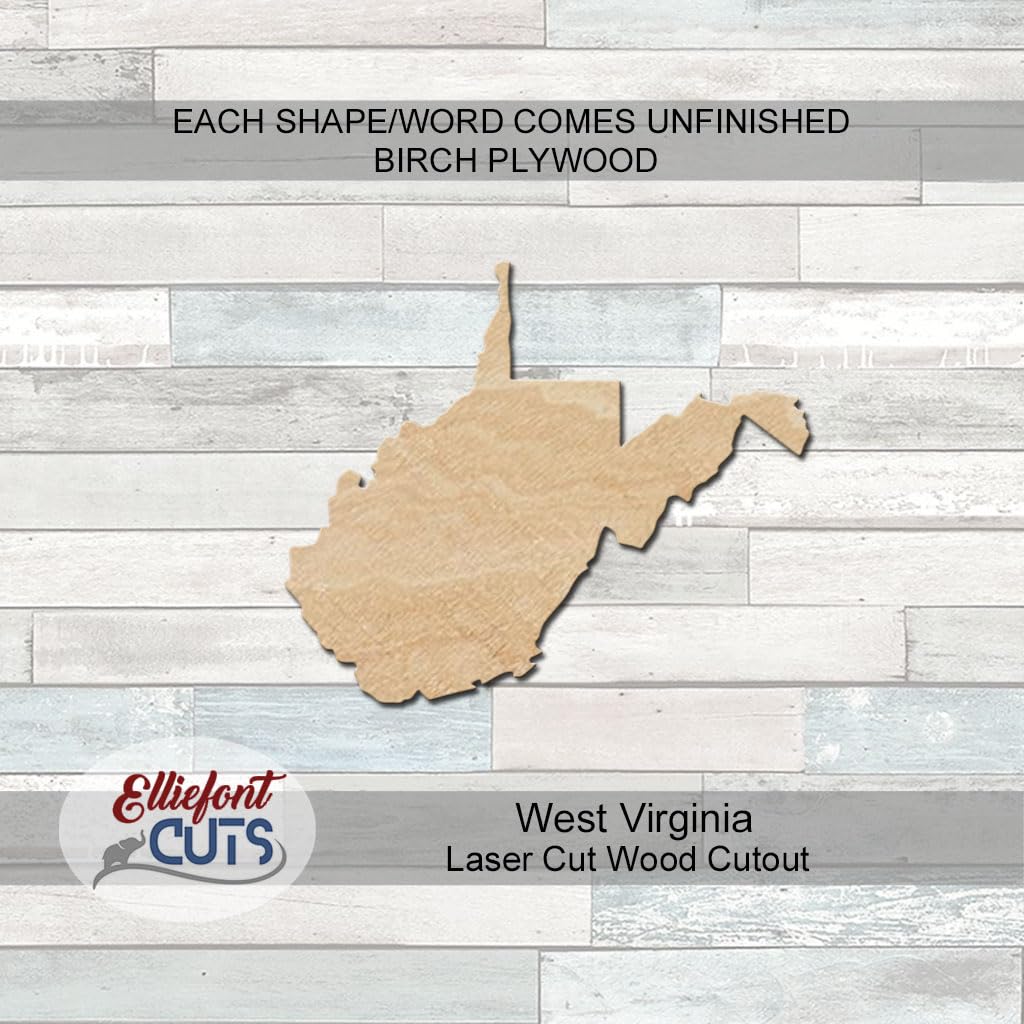 West Virginia State Wood Cutouts for crafts, Laser Cut Wood Shapes 5mm thick Baltic Birch Wood, Multiple Sizes Available, Wooden State Elliefont Styles