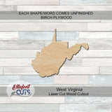 West Virginia State Wood Cutouts for crafts, Laser Cut Wood Shapes 5mm thick Baltic Birch Wood, Multiple Sizes Available, Wooden State Elliefont Styles