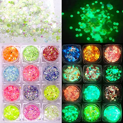 12 Colors Night Glow Chunky Glitters Flakes Luminous Neon Powder Glitter Sequins for Acrylic Nails/Crafts/Resin/Makeup/Festival/Slime - WoodArtSupply