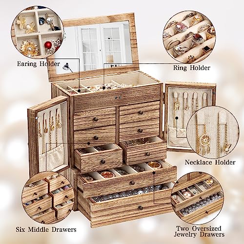 Jewelry Box for Women Wooden Jewelry Boxes & Organizers 5-Layer Rustic Latest Large Jewelry Organizer Box 2023 with Mirror & 8 Drawers for Rings Emfogo