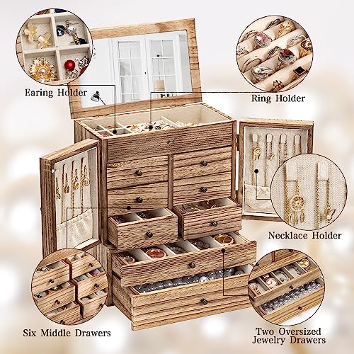 Jewelry Box for Women Wooden Jewelry Boxes & Organizers 5-Layer Rustic Latest Large Jewelry Organizer Box 2023 with Mirror & 8 Drawers for Rings - WoodArtSupply