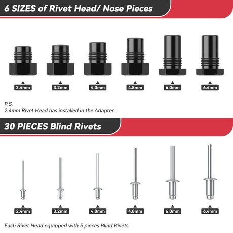 Beaspire Cordless Rivet Gun Adapter - Electric Rivet Drill Adapter Kit 2.4mm-6.4mm, Rivet Gun Kit with 6 Interchangeable Rivet Heads and 30 Blind Beaspire